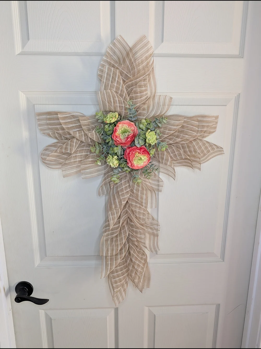Neutral Burlap Cross Wreath with Pink and Green Flowers